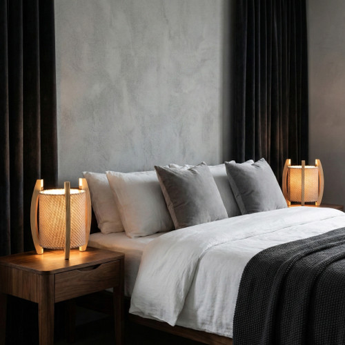 50718-01#Wood,s/2,11"h, Cylnder Tripod Tbl Lamps,kaki