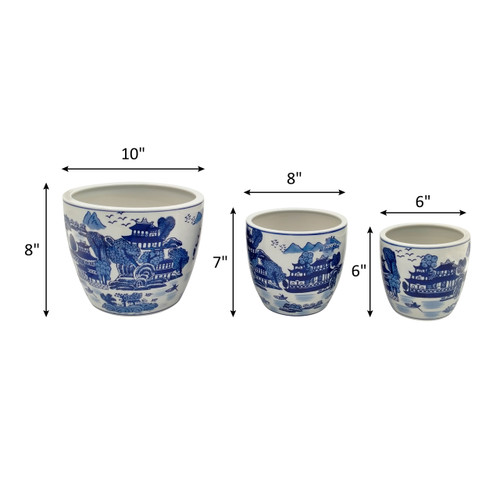17106-01#Cer, S/3 6/8/10" Chinoiserie Planters, Blue/white