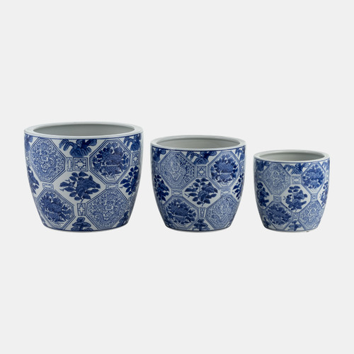 17106-02#Cer, S/3 6/8/10" Chinoiserie Planters, Blue/white