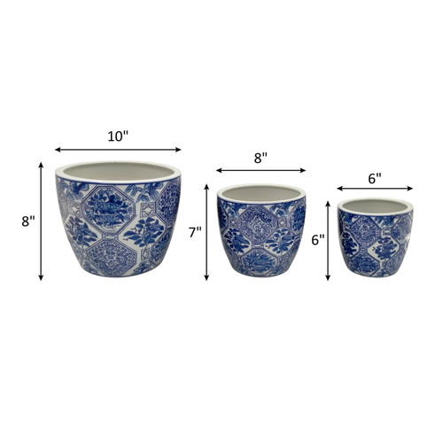 17106-02#Cer, S/3 6/8/10" Chinoiserie Planters, Blue/white