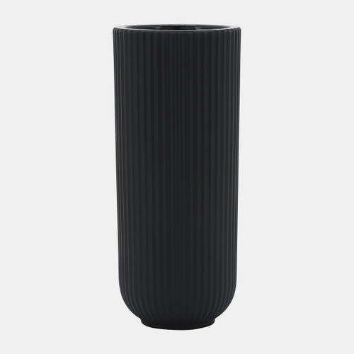 17122-06#Cer, 11"h Ridged Vase, Black