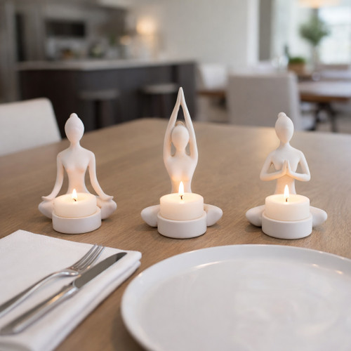 17142-01#S/3, 7"h Resin Yoga Women Tealight Holder, Wt