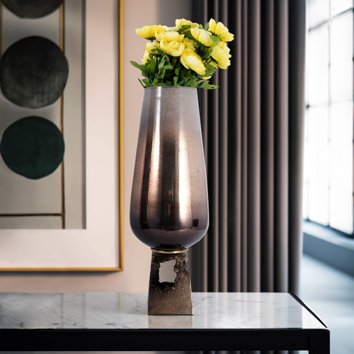 17177-01#Glass, 19"h Vase W/ Metal Base, Champagne