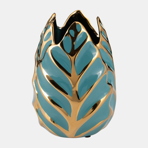 13036-08#Ceramic 8"h Leaf Vase, Turquoise/gold