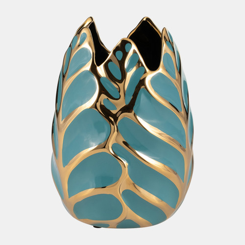 13036-08#Ceramic 8"h Leaf Vase, Turquoise/gold