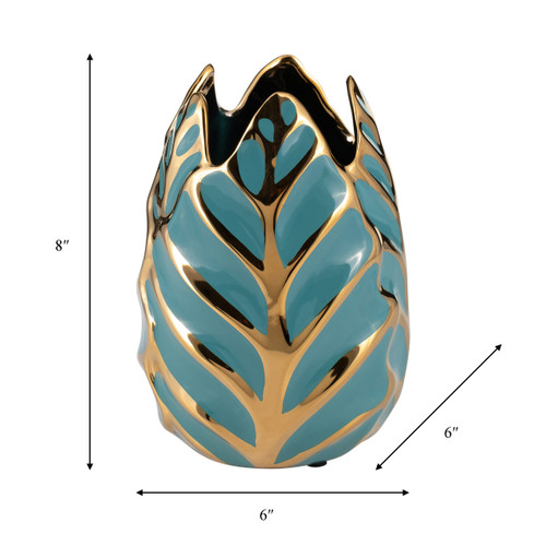 13036-08#Ceramic 8"h Leaf Vase, Turquoise/gold