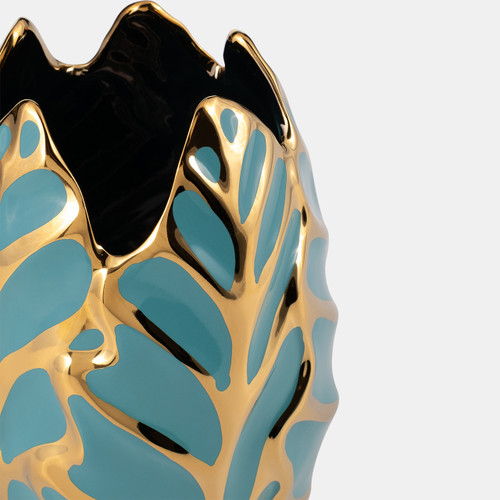 13036-08#Ceramic 8"h Leaf Vase, Turquoise/gold
