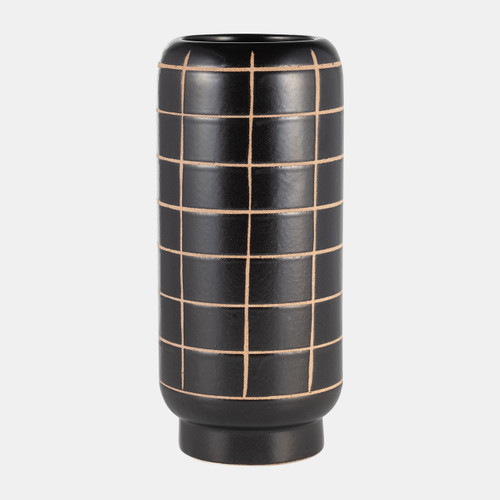 14792-06#Cer, 13"h Patterned Vase, Black