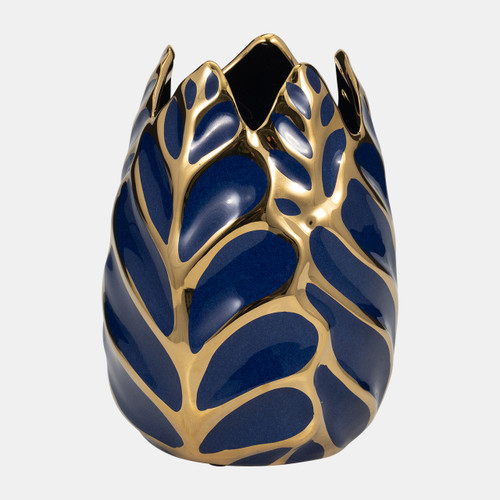 13036-09#Ceramic 8" Leaf Vase, Navy/gold