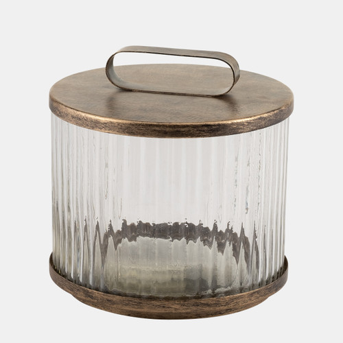 17470-01#Glass,8",round Box W/top Handle, Brass