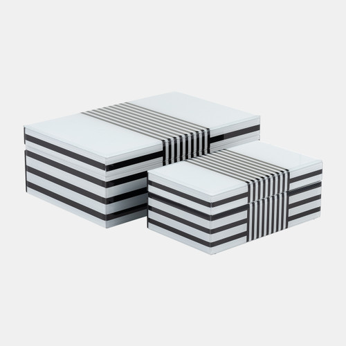 17509-01#Wood, S/2 8/11" Striped Boxes, Black/white
