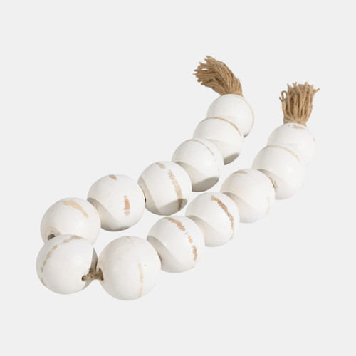 17512-05#Wood, 32"l, 2"lrg Bead Garland W/ Tassel, Wht Wash