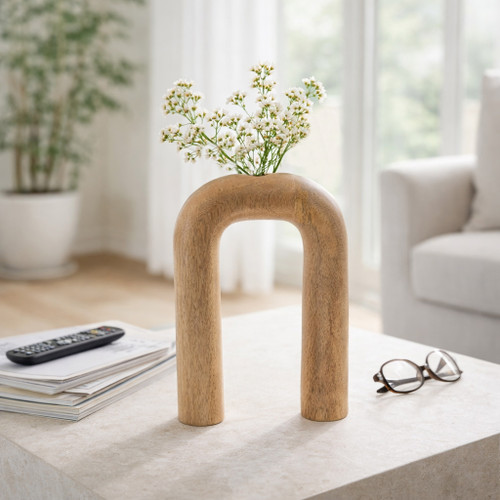 17559-03#Wood, 11"h Horseshoe Vase, Brown