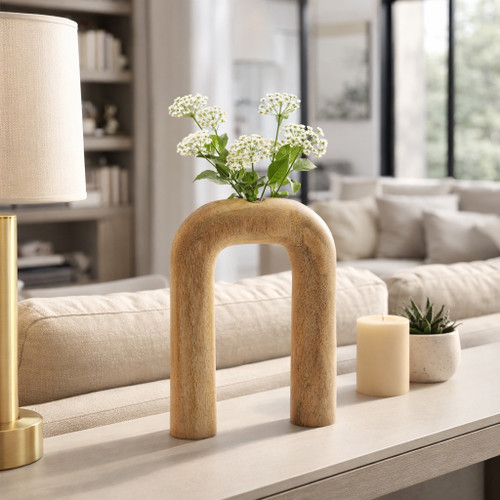 17559-03#Wood, 11"h Horseshoe Vase, Brown