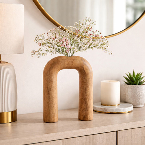 17559-03#Wood, 11"h Horseshoe Vase, Brown