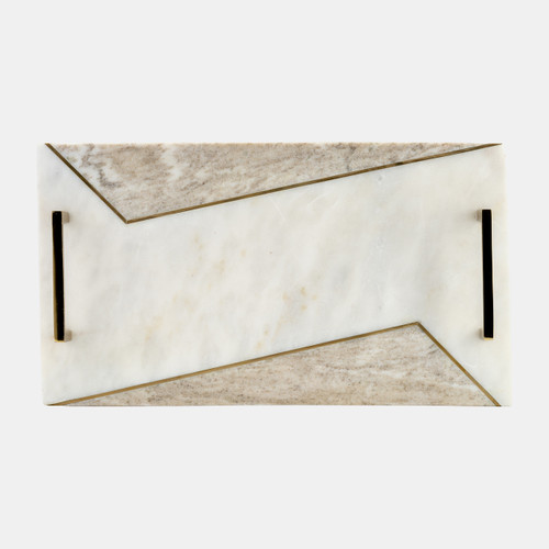 17595#Marble, S/2 15/18"l 2-tone Trays W/ Handle, White