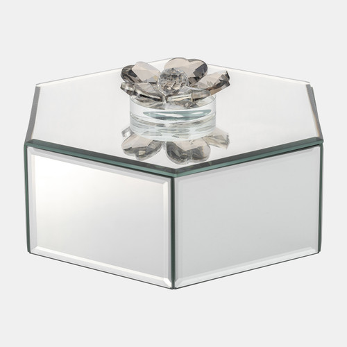 17643-03#Glass, 8"d Hexagonal Jewelry Box  Flower Top, Sil