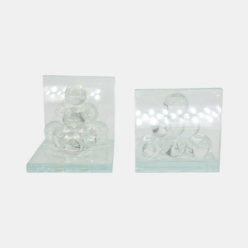 17652#Glass, S/2 6" Orb Bookends, Clear