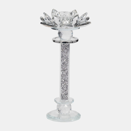 17656-03#Glass, 9"h Lotus Glitter Candle Holder, Silver