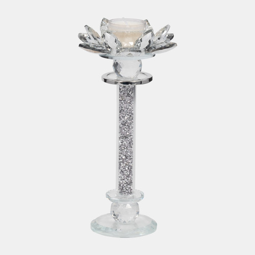 17656-03#Glass, 9"h Lotus Glitter Candle Holder, Silver