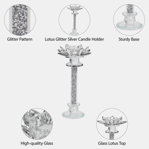 17656-03#Glass, 9"h Lotus Glitter Candle Holder, Silver