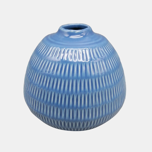 17416-04#Cer,6",stripe Oval Vase,coastal Blue