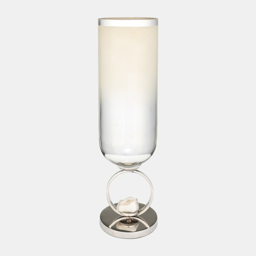 17851-02#Glass, 21" Vase W/ Metal Base Stone Accent, Pearl