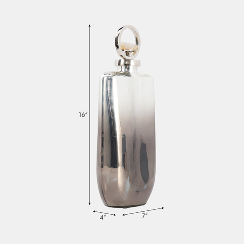 17857-01#Glass, 16" Metallic Bottle W/ Stone Top, Silver