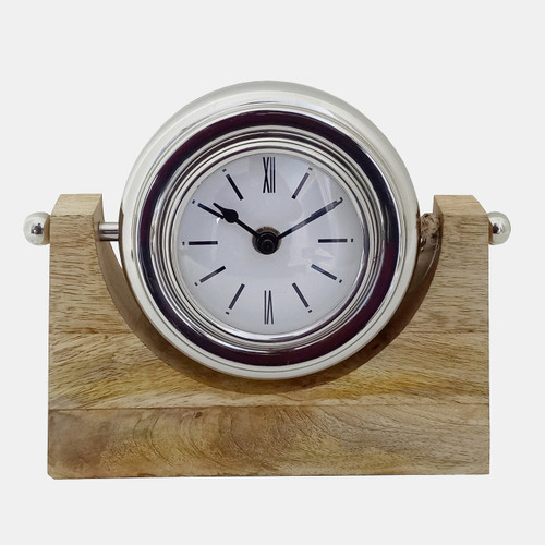 17800#Wood,7"h,lock-on-stand Table Clock,nickel