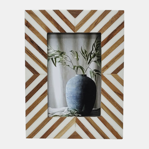 17806#Resin,4x6 Herringbone Lines Photo Frame,white/wood