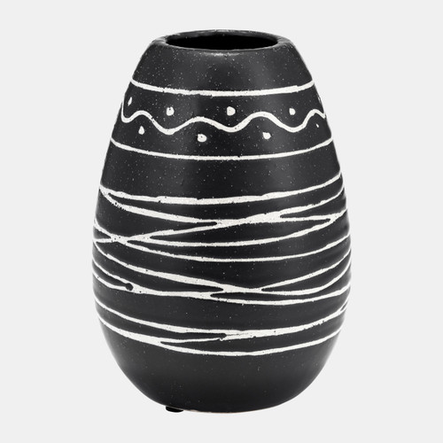 17883#Cer, 8"h Tribal Vase, Black/white