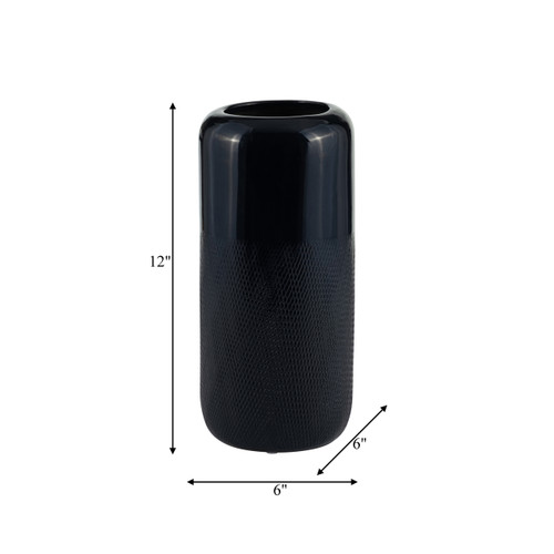 17867-07#Cer, 12"h Grooved Vase, Navy Blue