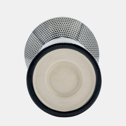 17894#Cer,12"dotted Pillar Candle Holder,nvy Blue/cotton