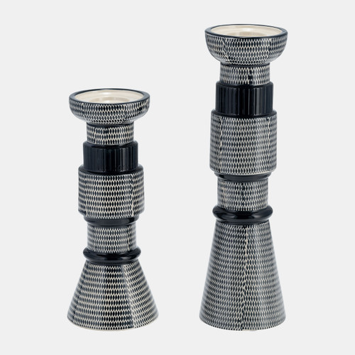 17894#Cer,12"dotted Pillar Candle Holder,nvy Blue/cotton