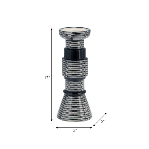 17894#Cer,12"dotted Pillar Candle Holder,nvy Blue/cotton