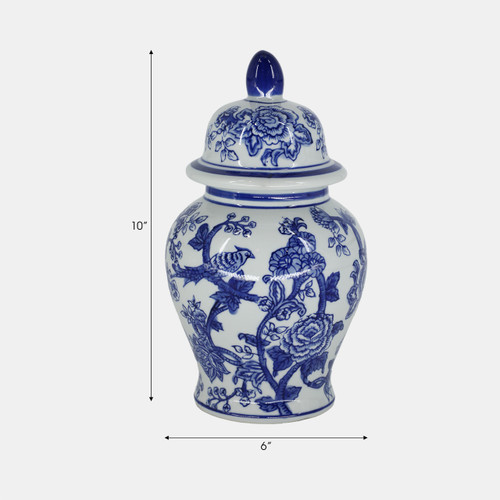 15735-05#Cer, 10" Temple Jar Bird/flower, Blue