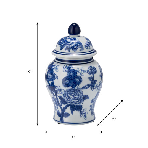 15735-06#Cer, 8" Temple Jar Bird/flower, Blue