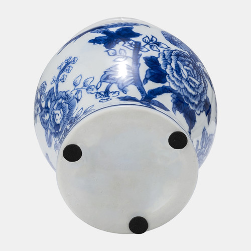 15735-06#Cer, 8" Temple Jar Bird/flower, Blue