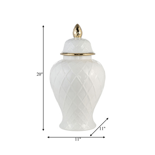 17899-03#Cer, 20"h Rope Temple Jar, White/gold