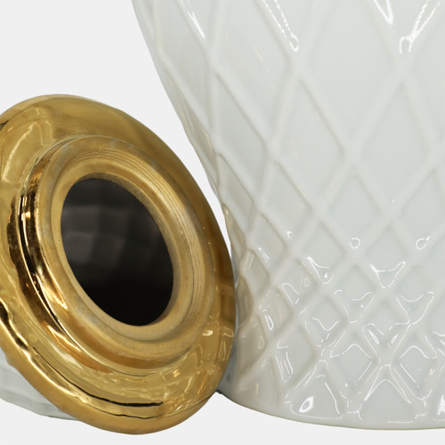 17899-04#Cer, 14"h Rope Temple Jar, White/gold