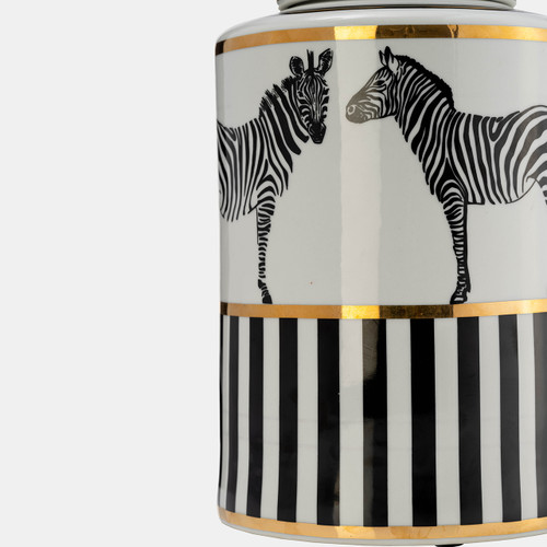 17901-02#Cer, 12"h Zebra Jar W/ Lid, White/gold