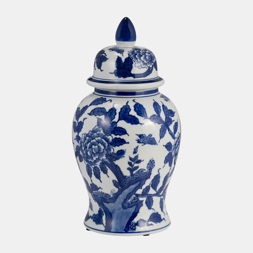 17902-01#Cer, 14"h Temple Jar, Blue/white