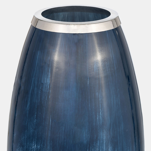 15202-05#Glass,18"h Vase W/metal Rim, Blue/wht Ombre