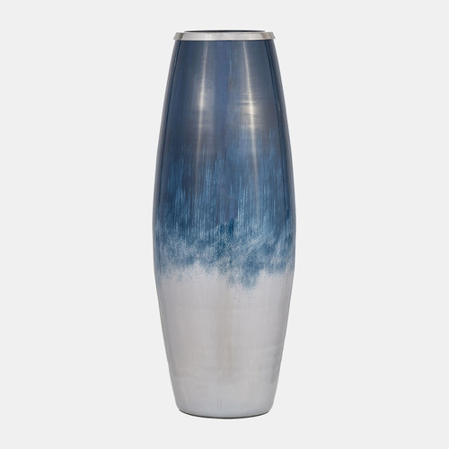 15202-06#Glass,24"h Vase W/metal Rim, Blue/wht Ombre