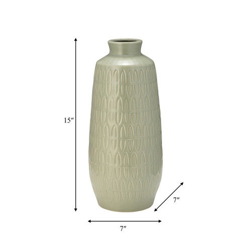 16944-04#Cer, 15"h Carved Vase, Cucumber