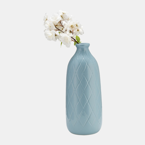 17930-03#Cer, 16" Plaid Textured Vase, Cameo Blue