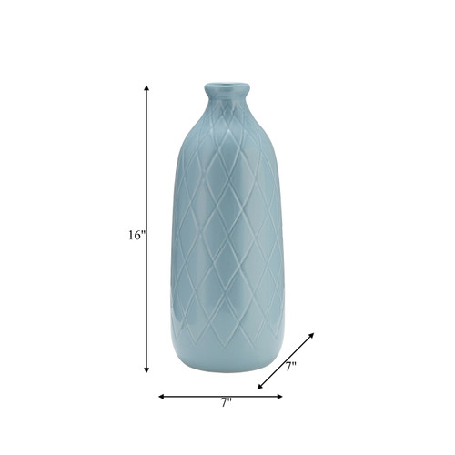 17930-03#Cer, 16" Plaid Textured Vase, Cameo Blue