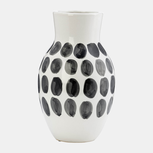 17938-01#Cer, 10"h Blk Polk-a-dot Flower Vase, White