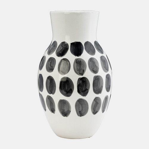 17938-01#Cer, 10"h Blk Polk-a-dot Flower Vase, White
