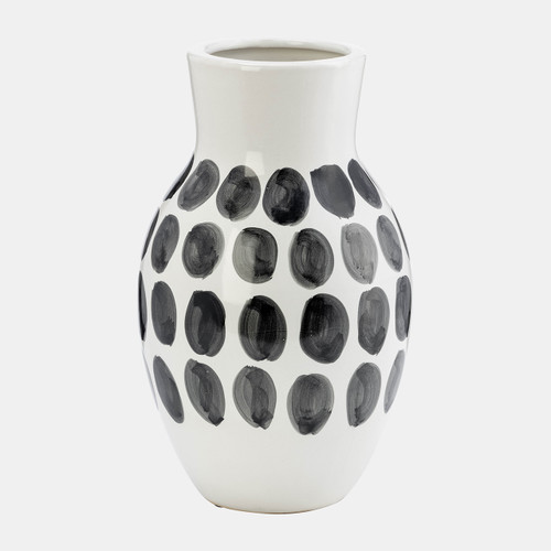 17938-01#Cer, 10"h Blk Polk-a-dot Flower Vase, White